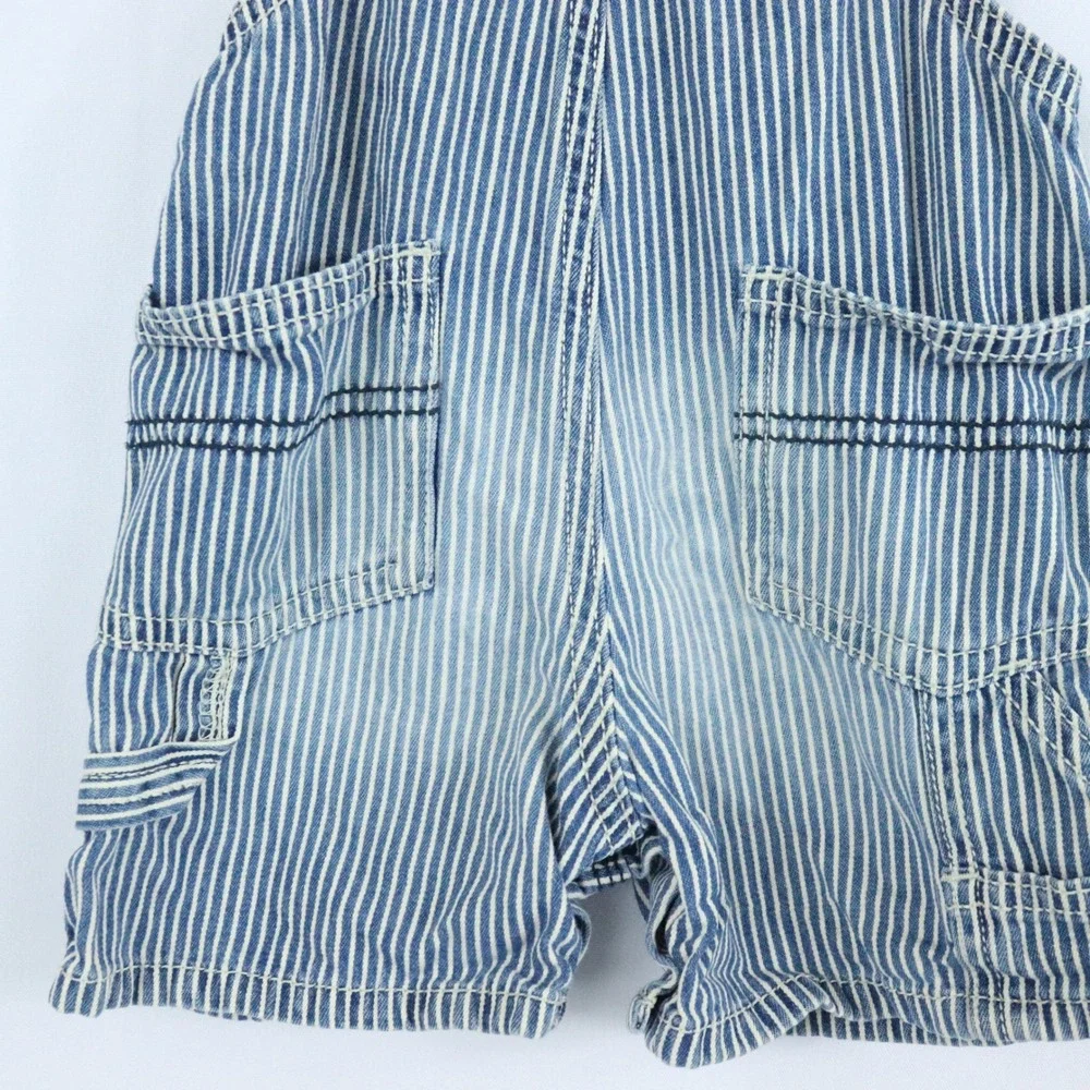 OshKosh B'Gosh Blue Hickory Stripe Railroad Shortalls Vestbak Kids Sz 9 Months